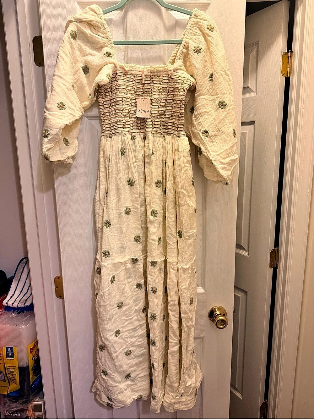 Free People Dahlia Embroidered Maxi Dress in Cream & Green